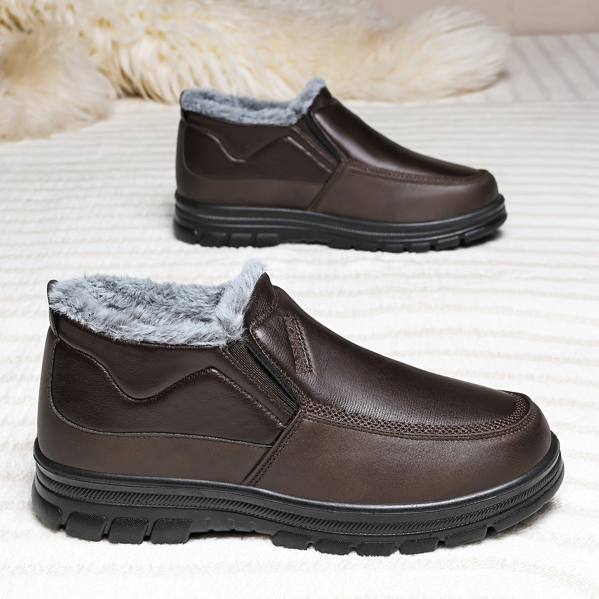 Men'S Slip-On Winter Snow Boots with Fleece & Arch Support - All-Season Cold Weather Hiking Shoes, Slip-Resistant Rubber Sole, Round Toe Design For Casual & Outdoor Wear, Hiking Boots