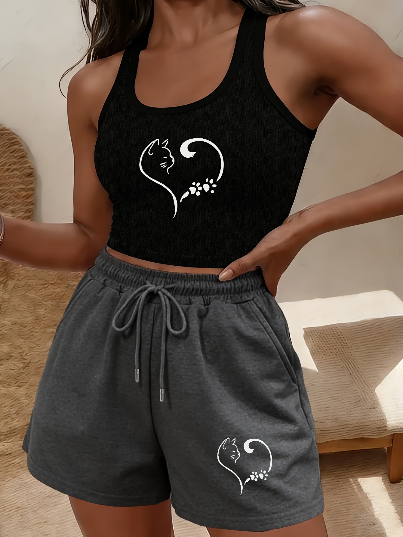 Buttery-Soft Crop Tank & Drawstring Shorts Set for Casual Wear