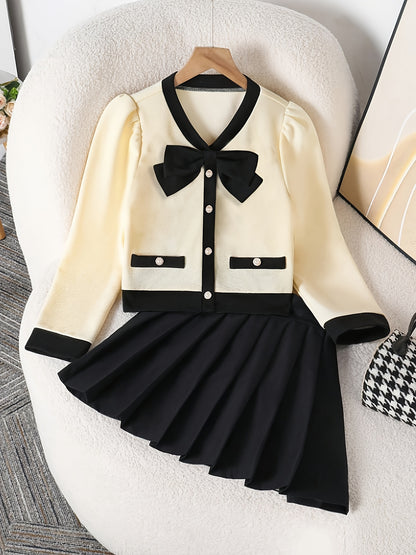 Girls' Preppy Two-Piece Set with Bow & Pleated Skirt