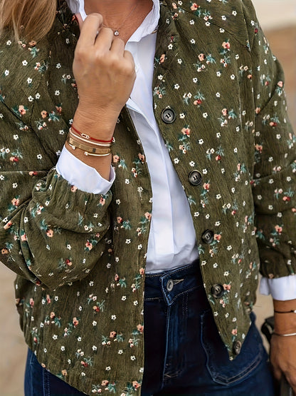 Women's Elegant Vintage Floral Print Pilot Jacket - Dark Green/Black/Brown/Gray/Beige with White/Red/Brown Flowers, Structured Collar & Chest Pockets, Machine Washable Spring/Fall Outerwear, Casual to Formal Events, Retro Sty