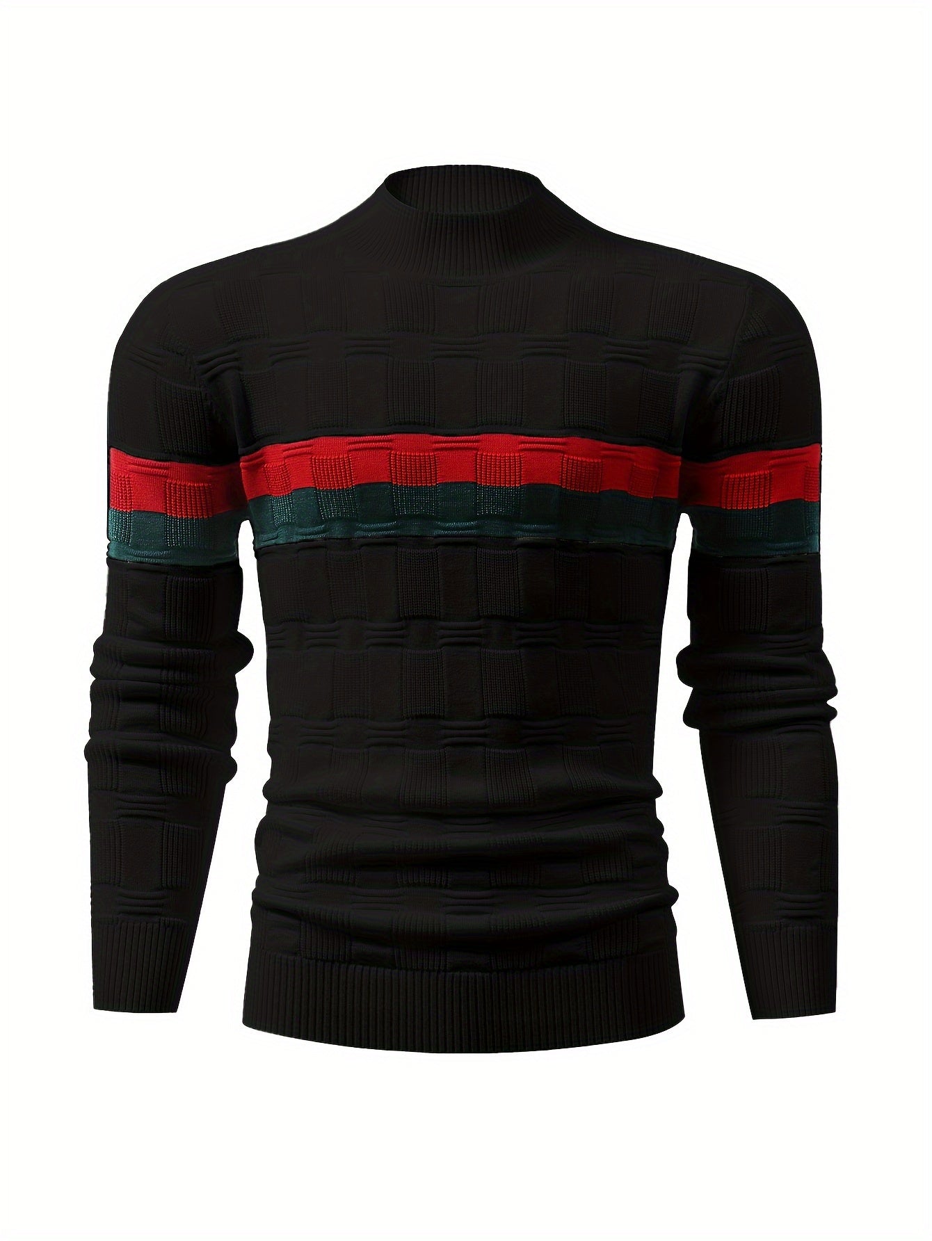 Temujin OBM Men's Fashion Mid-Neck Button Contrast Stripe Three-Dimensional Plaid Knit Top