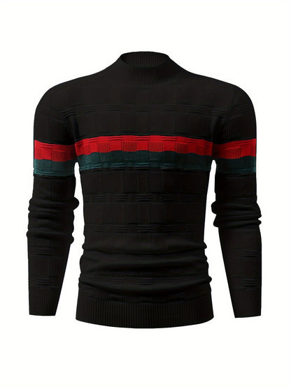 Temujin OBM Men's Fashion Mid-Neck Button Contrast Stripe Three-Dimensional Plaid Knit Top