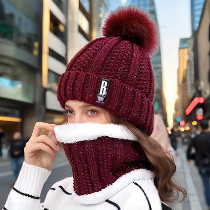 New Year's Acrylic Knit Beanie with Pom-Pom and Matching Scarf Set - Breathable, Elastic, Thermal Knitted Cap and Neck Warmer for Women with Toggle Closure - Hand Washable