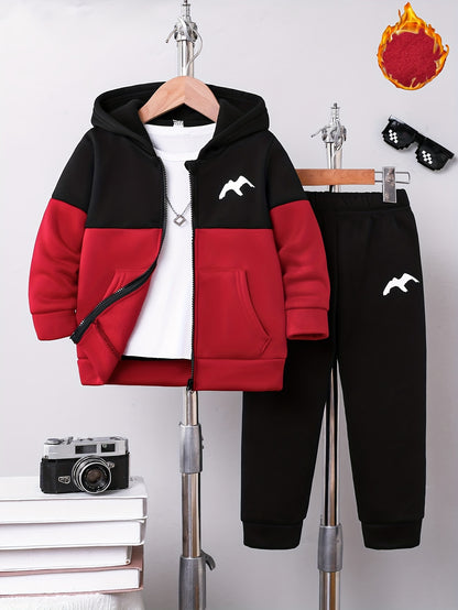 2pcs Boys' Autumn/Winter Fleece-Lined Hooded Zip-Up Jacket and Pants Set with Bird Print, Simple Color Block Design with Pockets, Fashionable Sporty Outfit for Outdoor Activities and Daily Wear, 100% Polyester Knit Stretch Fa