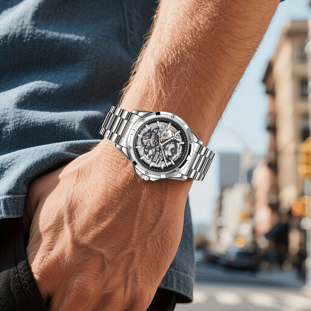 Men’s Mechanical Hollow Skeleton Watch Stainless Steel Business Style