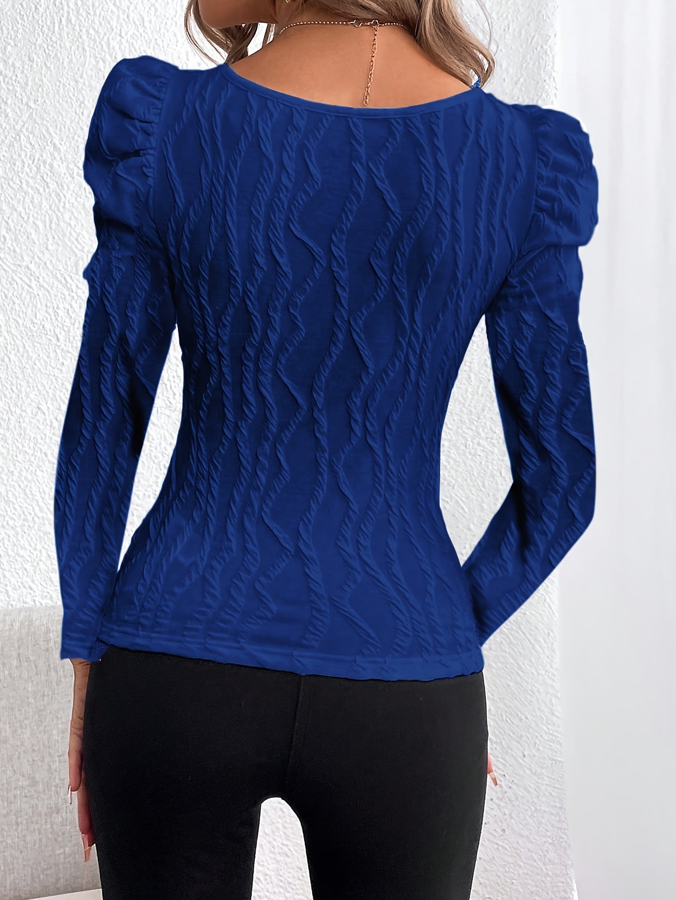 Autumn and Winter New Square Neck Textured Fabric Bubble Sleeve Elegant Long-Sleeve Women's Top