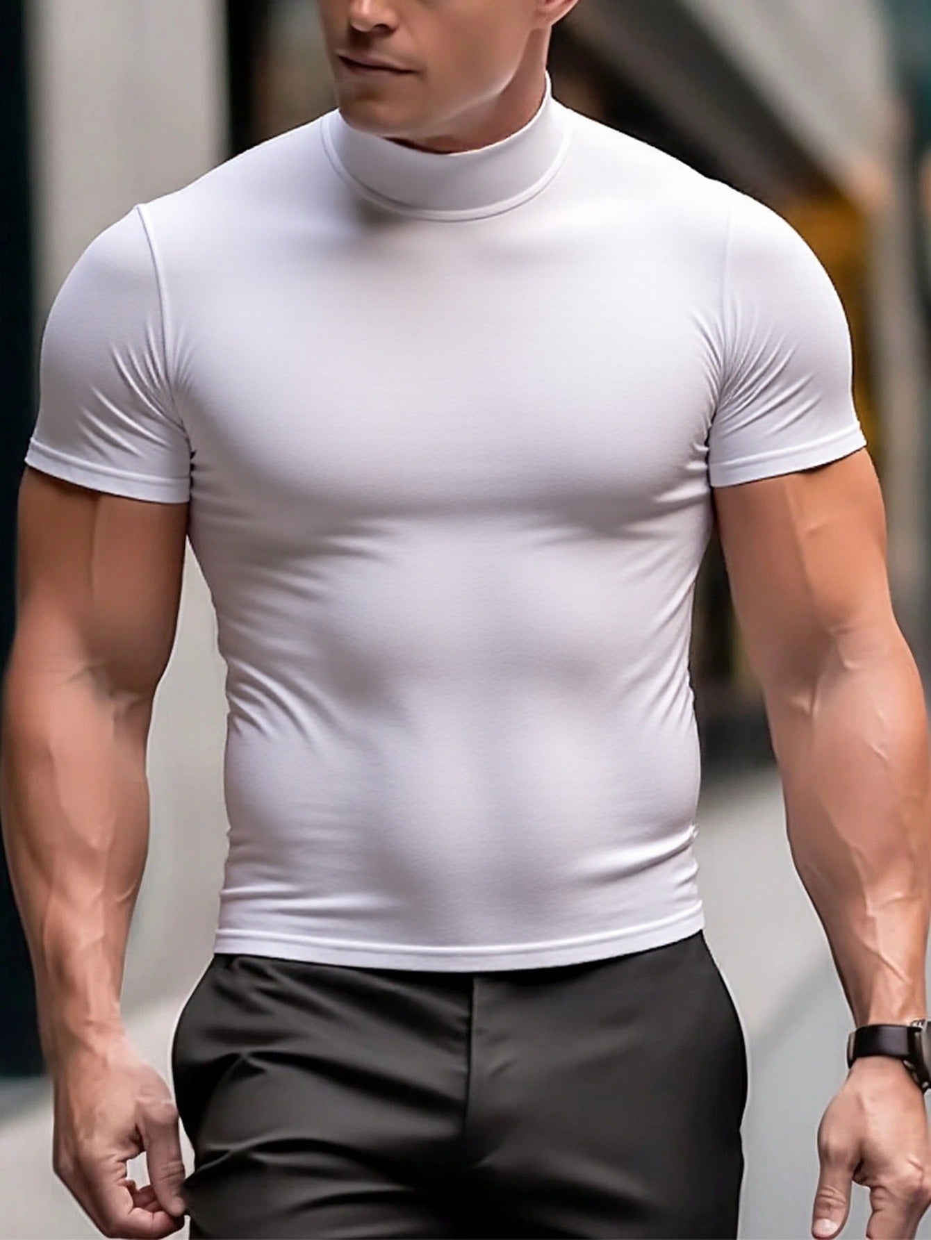 Elastic Men'S Half High Neck Comfortable Casual Simple Short Sleeve T-Shirt - Basic Short Sleeve Top for Men
