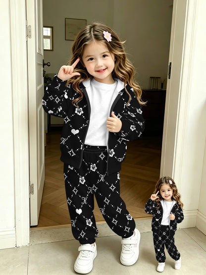 Girls' Floral Zip-Up Hoodie Set Lightweight Casual Spring/Fall