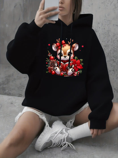 Women's Fashion Autumn/Winter Christmas Reindeer Print y Casual -Lined -Feel Hooded Sweatshirt