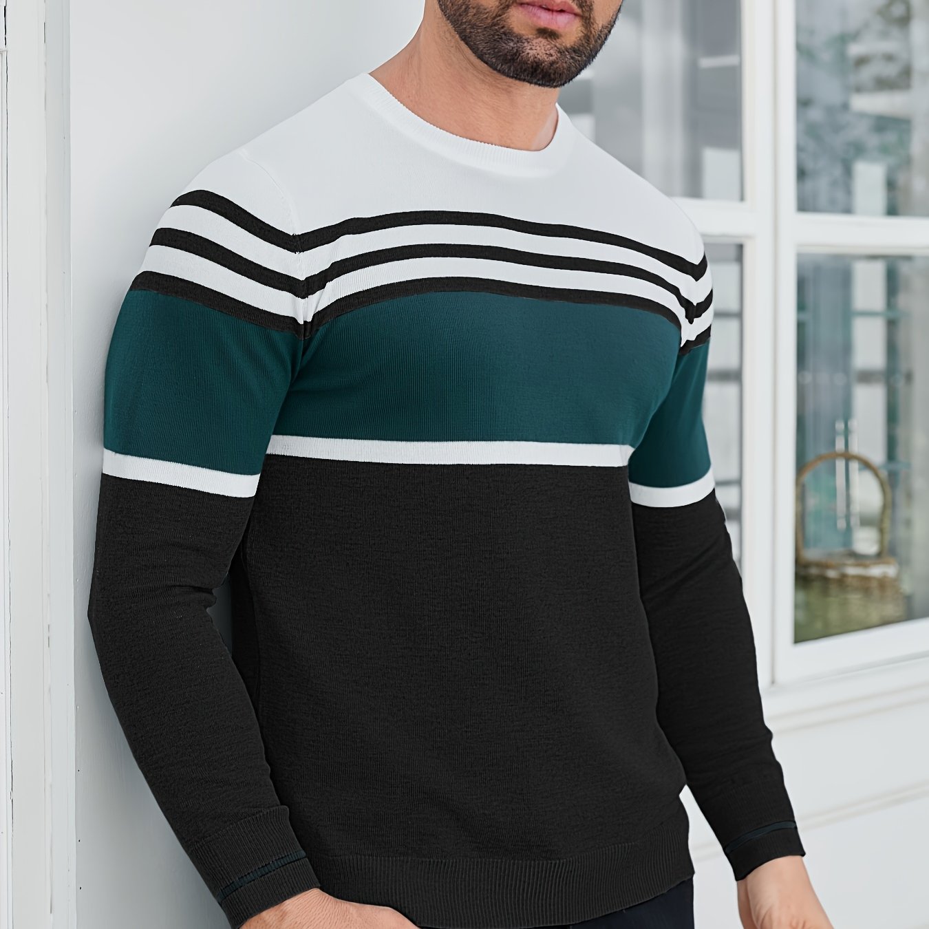 Men's Casual Comfort Knit Sweater, New Spring/Autumn Round Neck Base Layer Three-Stripe Contrast Color Pullover