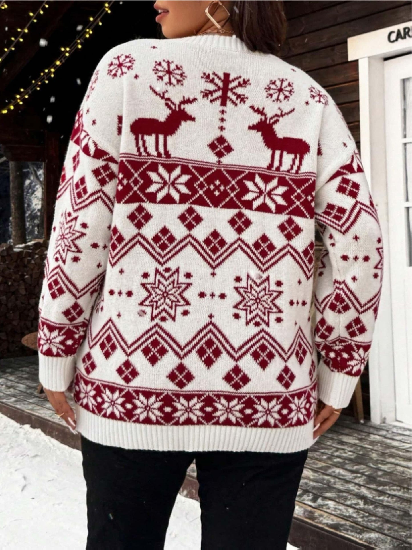 Women'S Thick Double-Layer Winter Sweater - Red & Snowflake & Geometric Pattern Pullover, Round Neck Long Sleeve Sweater with Piping Trim, Cozy Fall/Winter Casual Chic Outfits, Ladies Sweaters