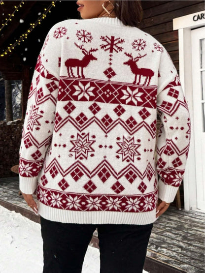 Women'S Thick Double-Layer Winter Sweater - Red & Snowflake & Geometric Pattern Pullover, Round Neck Long Sleeve Sweater with Piping Trim, Cozy Fall/Winter Casual Chic Outfits, Ladies Sweaters