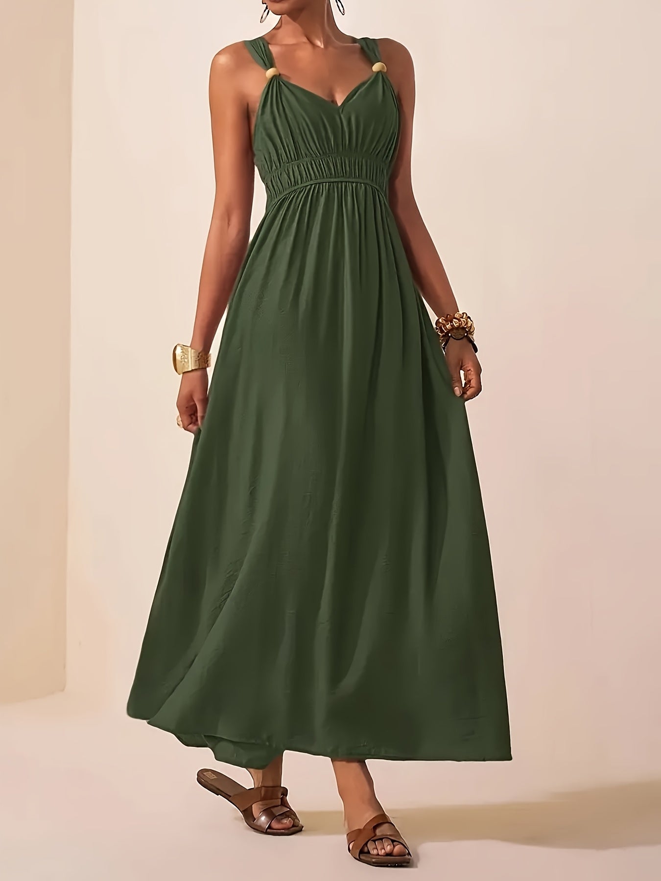 Elegant Summer V-Neck Beaded Sleeveless Waist-Cinching Dress