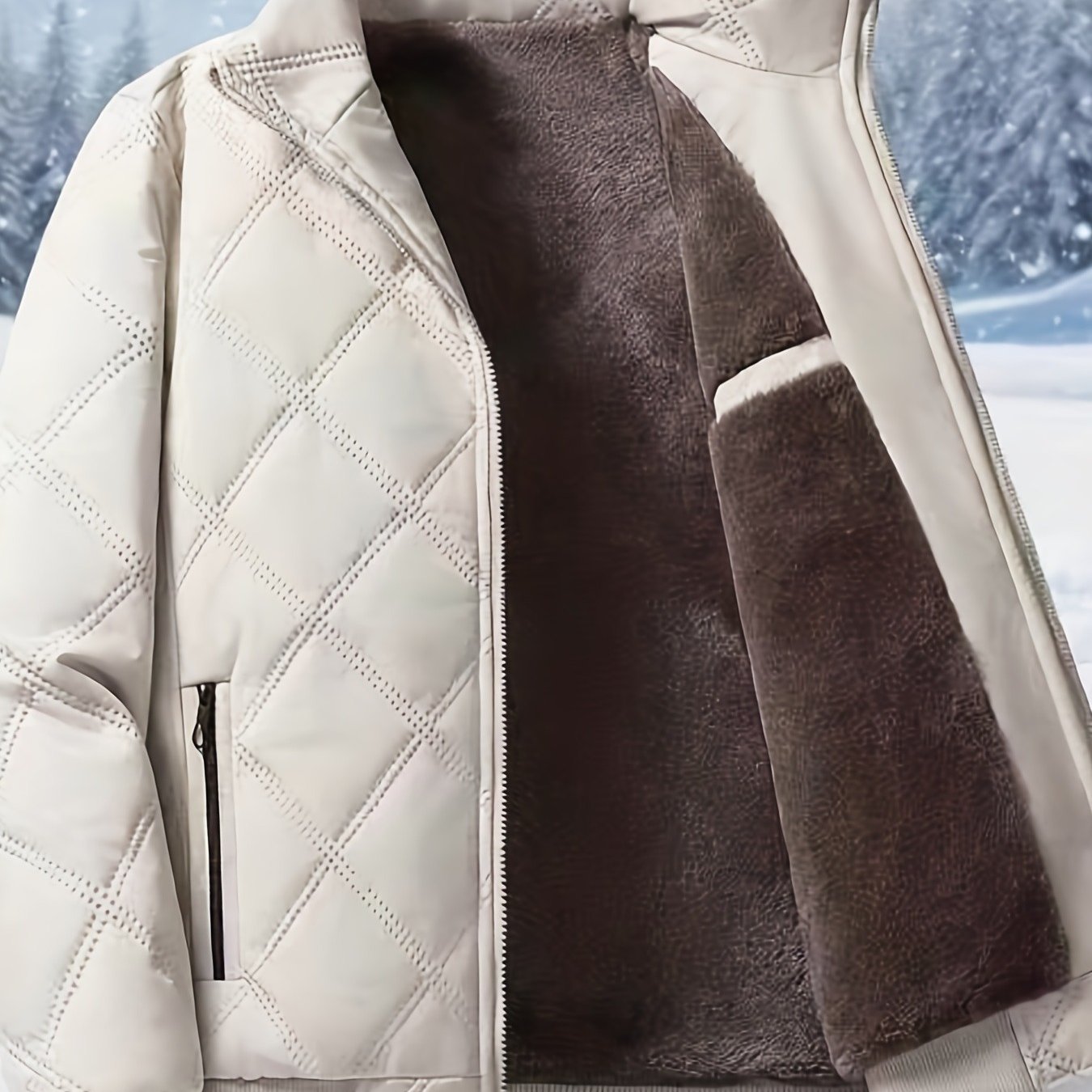 Men's Quilted Fleece Jacket with Stand Collar & Full-Zip Closure - Thick Winter Coat, Black/Brown & Warm Lining, Casual Outdoor Winter Wear for Skiing,, Cold Weather (Hand Wash/Dry Clean)