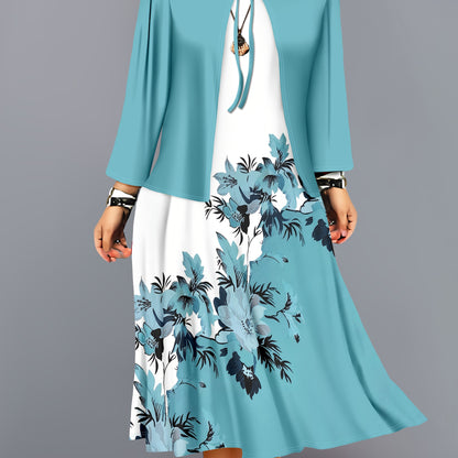 Fashion Women's solid color small cardigan and floral print patchwork dress two-piece set