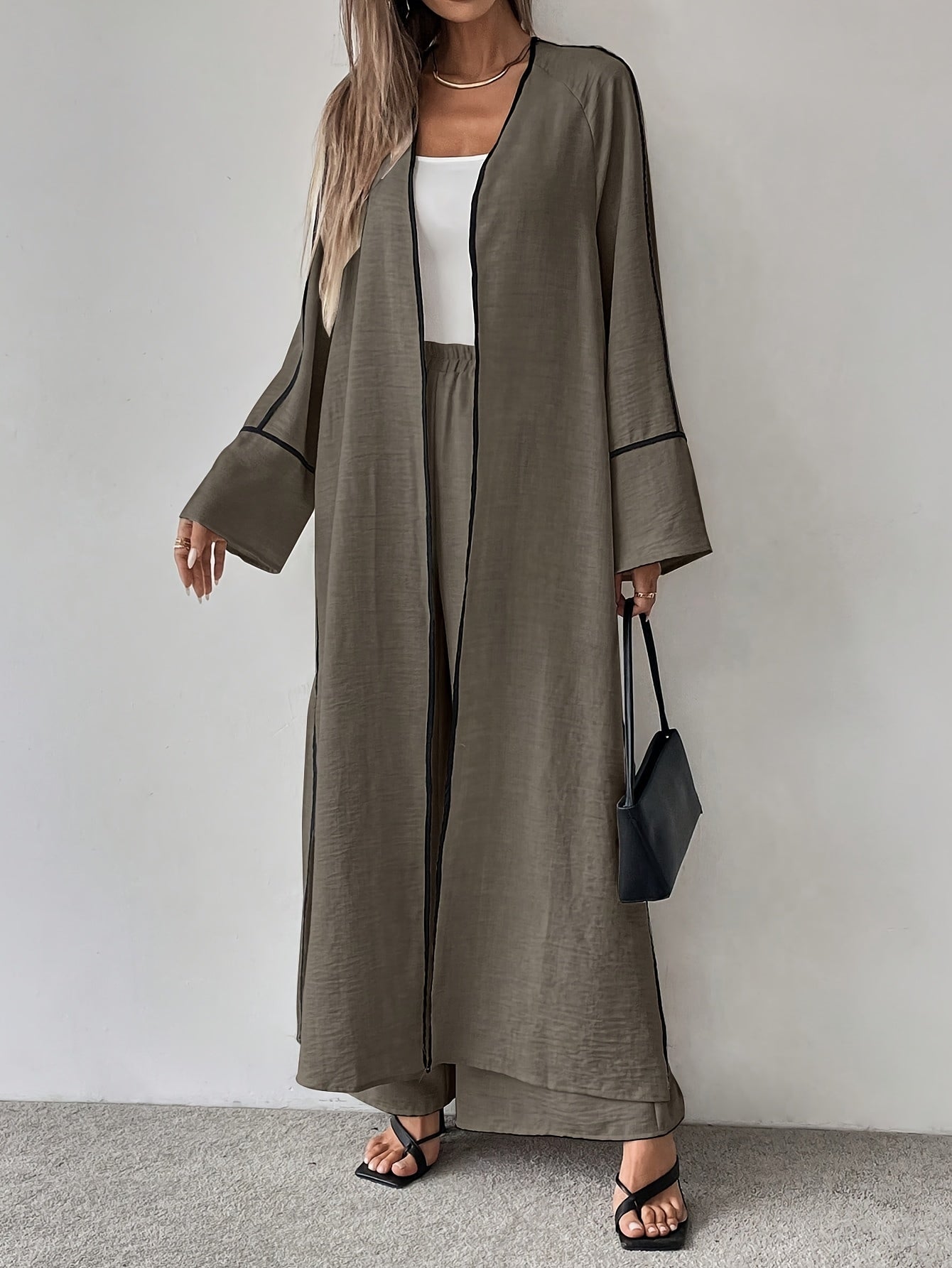 Women'S Elegant Fashion Work Casual Two-Piece Set - Long Sleeve Cardigan with Color Block Detail and Wide-Leg Pants, Loose Fit, All-Season Wear, Stylish Work Attire|Casual Style|Color Block Detail