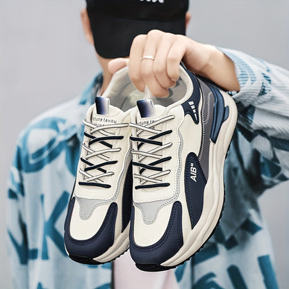 Men'S Fashion Sneakers, Casual Sports Shoes, All-Season Lace-Up Low Top, PU Upper, Fabric Lining, Rubber Sole, EVA Insole, Round Toe, with Trendy Thick Sole for Hiking, Outdoor, Daily Wear
