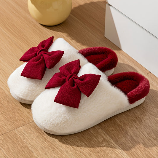 Women'S Cozy Winter Slip-On Slippers with Large Bow Detail - Soft Corduroy, Non-Slip TPR Sole, Warm Fabric Lining for Indoor Comfort, Cute Slippers