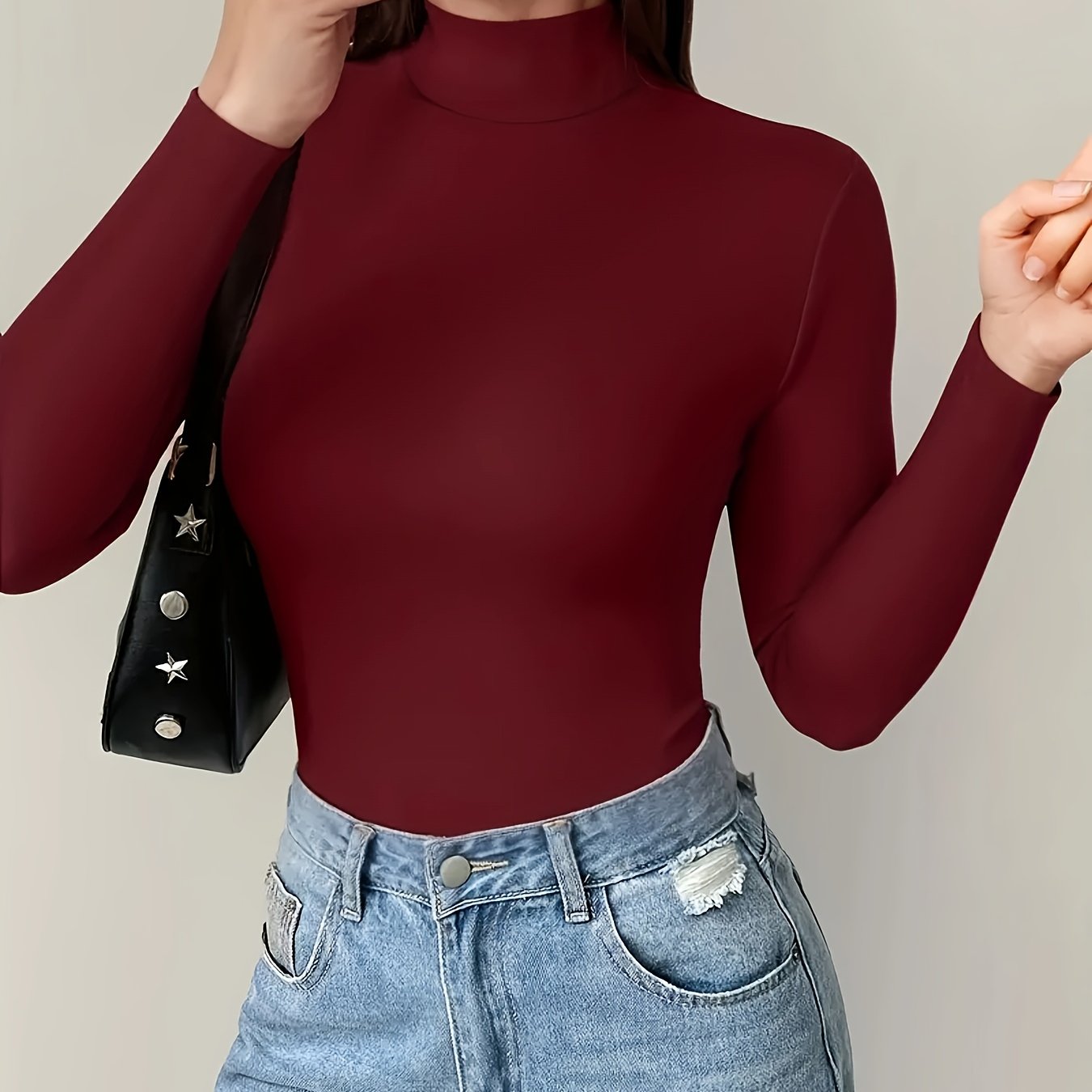 Women'S Elegant High Neck Long Sleeve T-Shirt - Soft Stretchy Solid Color Top for Spring Summer Fall, Versatile Casual & Formal Wear, Machine Washable, Seasonal Fashion, Sophisticated Style, Comfortable Fit, Stylish Blouse, F