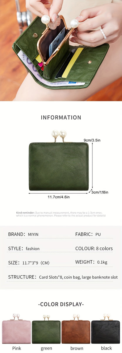 Women's Wallet Short Compact Three Layer LargeCapacity Retro Pearl Wallet High Quality PU Multi Card Seat/Coin ZeroWallet