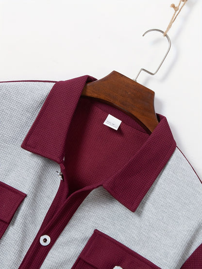 Men's Summer Two-Piece Set, Waffle Fabric Contrast Color with Pockets Short-Sleeved Shirt + Casual Trousers Suit, Leisure Light Business Vacation Daily Multiple Scenes