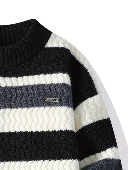 Autumn and Winter New Men's Twisted Stripe Round Neck Knit Sweater for Middle-Aged Comfortable Warm Top
