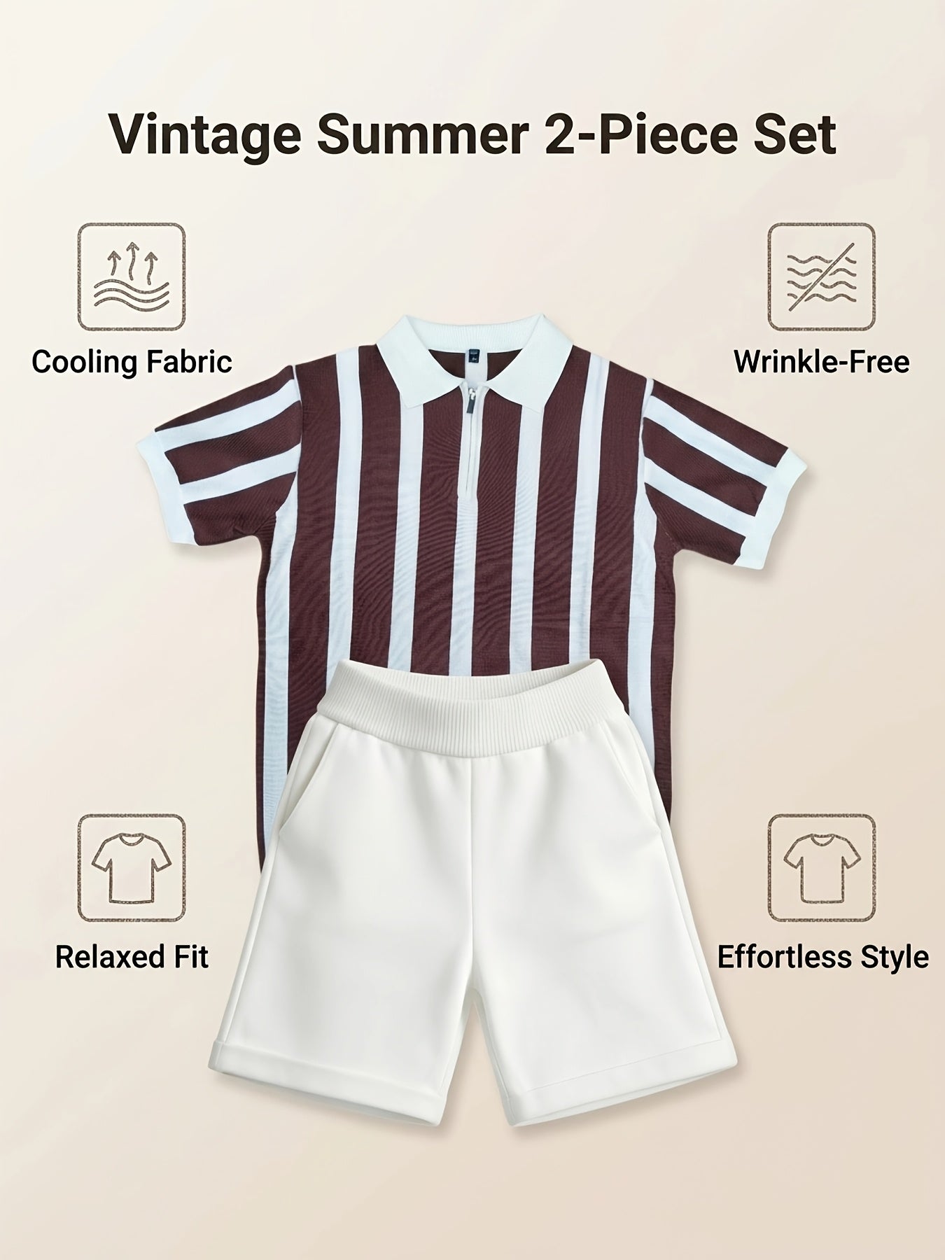Men's Striped Half-Zip Knit Polo & Elastic Waist Shorts Set