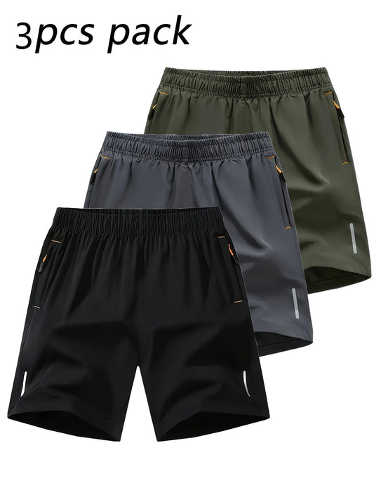 3pcs Men's Athletic Shorts, Breathable Quick-Dry Polyester with Zipper Pockets and Drawstring, Solid Color Sports Style for Running & Workout, Mid Waist Regular Fit