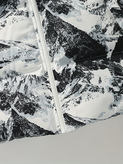 Men's Winter Mountain Camo Hooded Jacket with Insulating Polyester Fill - Stand Collar & Zippered Pockets, Machine Washable Outdoor Coat for Hiking, Camping, Casual Wear - White/Black/Gray (Regular Fit) by Ocean Muai Xing