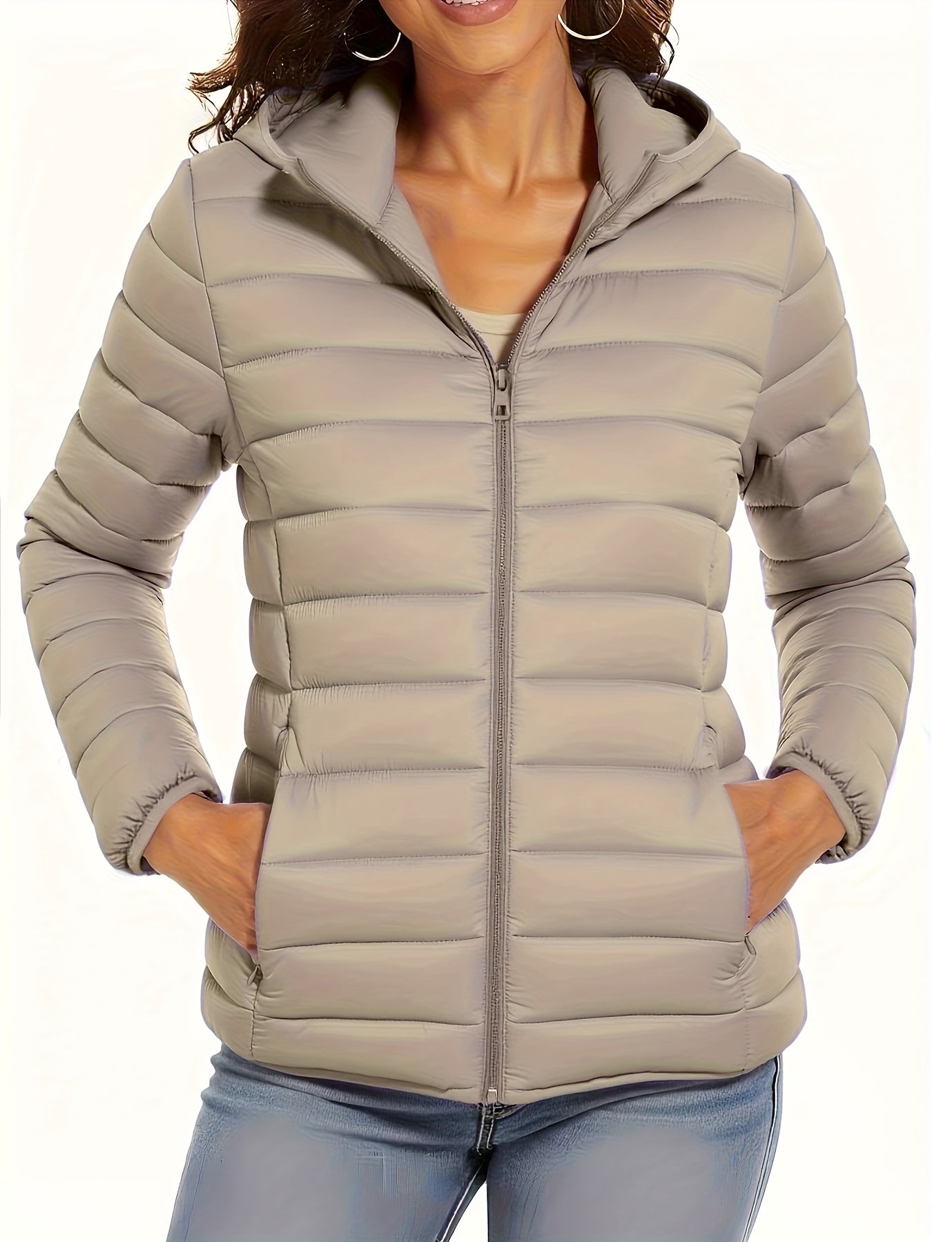 Lightweight Women's Hooded Zipper Padded Coat with Retractable Cuffs