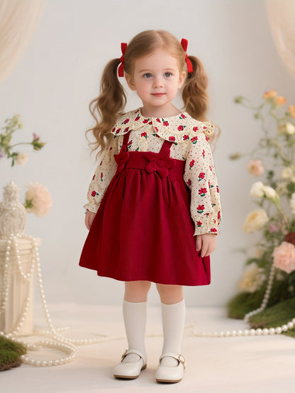 's Red & White Poinsettia & Star Print Dress with Ruffled Collar & Lace Trim - Long Sleeve A-Line Winter Party Dress for Christmas, New Year's, Photo Shoots - Soft Short Dress Outfit (Hand Washable Clothing)