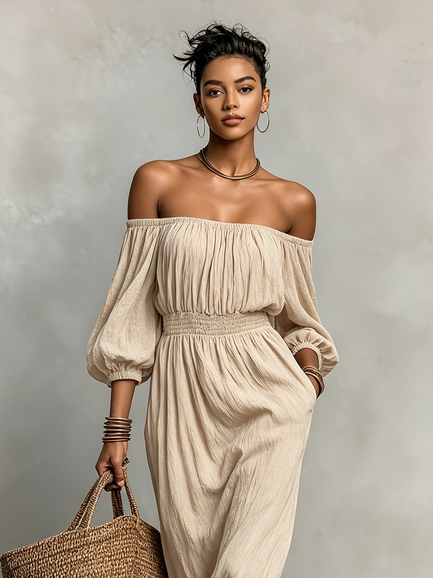 Elegant Off-Shoulder Apricot Maxi Dress with Puff Sleeves