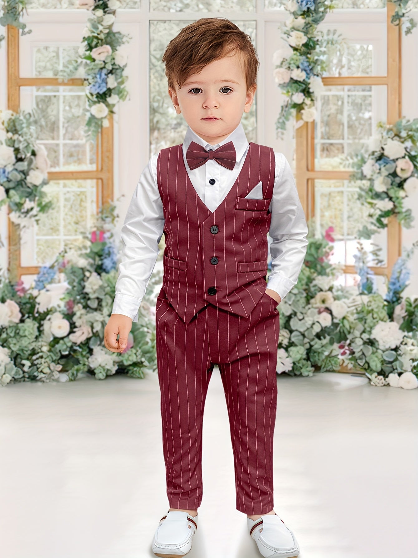 Boys' Striped Vest Suit with White Shirt and Trousers