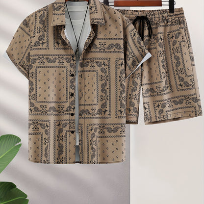 Men's Paisley Print Short Sleeve Shorts Single Button Shirt Suit with Elastic Cord and Pockets