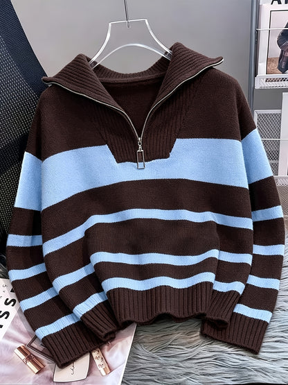 Women's Striped Zip-Up Sweater with Thickened Inner Layer