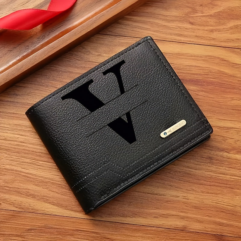 1pc Men's Business Style Faux Leather Wallet, Customizable Text and Initials, Solid Color Faux Leather with Contrast Accents, Compact Short Bifold Design for Easy Carrying - Perfect Birthday Gift for Boyfriend and Father, Per