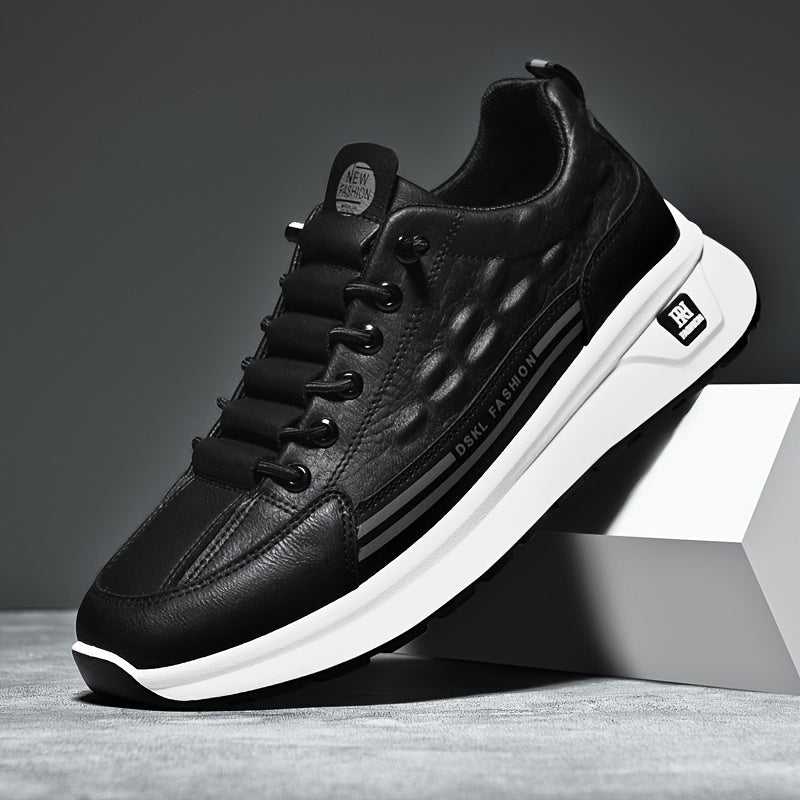 Men's Breathable Casual Sneakers - Comfortable, Versatile  Stylish Shoes for Running, Sports  Casual Attire, Black with White Accents, PU Upper  PVC Sole, Round Toe, Lace-Up Design, All-Season Use
