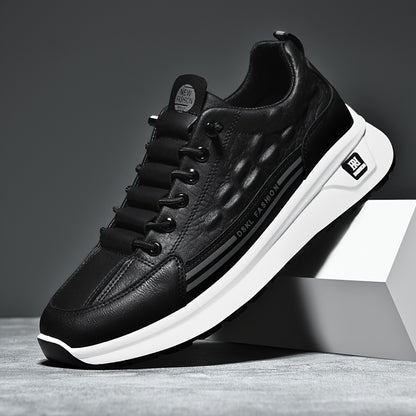 Men's Breathable Casual Sneakers - Comfortable, Versatile  Stylish Shoes for Running, Sports  Casual Attire, Black with White Accents, PU Upper  PVC Sole, Round Toe, Lace-Up Design, All-Season Use