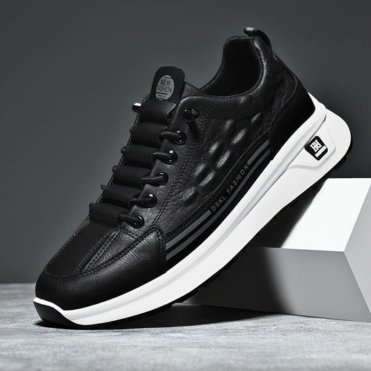 Men's Breathable Casual Sneakers - Comfortable, Versatile  Stylish Shoes for Running, Sports  Casual Attire, Black with White Accents, PU Upper  PVC Sole, Round Toe, Lace-Up Design, All-Season Use