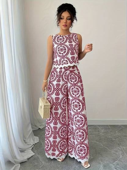 2pcs Women's Plant Pattern Round Neck Sleeveless Top and Pants Set