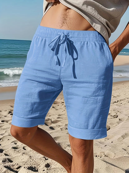 Men'S Light Blue Linen Shorts - Casual & Comfortable with Pockets, Drawstring Waist, Perfect for Summer Beach Outings and Casual Attir