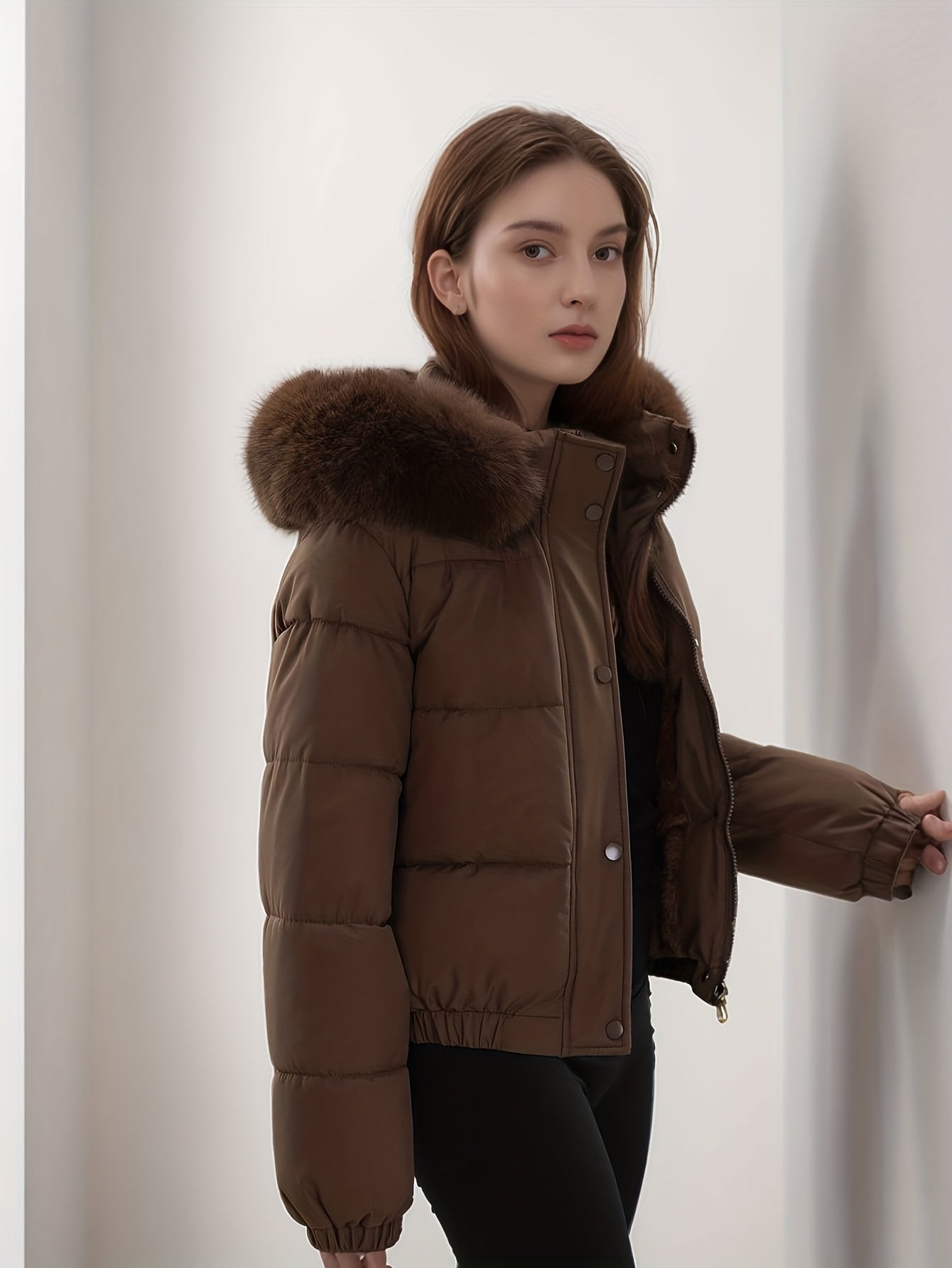 Women'S Winter Coat with Removable Faux Fur Hood - Thickened Loose Fit Long Sleeve Jacket, Zippered Pockets & Button Front, Casual Solid Color Outerwear for Cold Weather, Cozy Warmth, Buttoned Closure, Durable Fabric