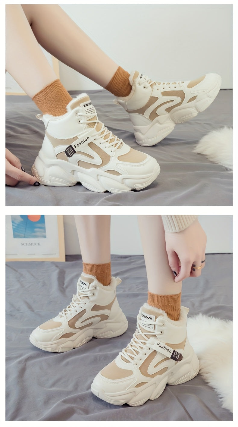 Women's Plush Fleece-Lined High-Top Sneakers - Thick-Soled Winter Warm Lace-Up Shoes with PU Upper & Cushioned PVC Sole, White/Black/Grey Chunky Dad Shoes (Cozy Round Toe) - Instagram Trendy Winter Footwear by I Trend