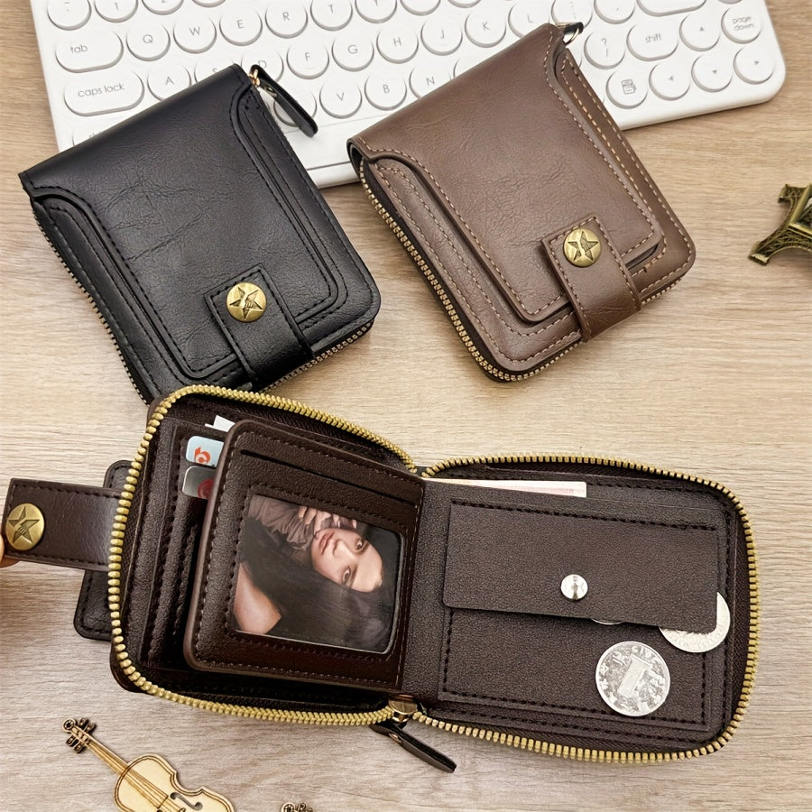 Customized Men's PU Wallet with Premium Vintage Zipper Design, Multi-Layer Coin and Card Holder, Compact Credit Slot & Coin Purse. Ideal Personal Gift for Daily Use as a Fashion Accessory
