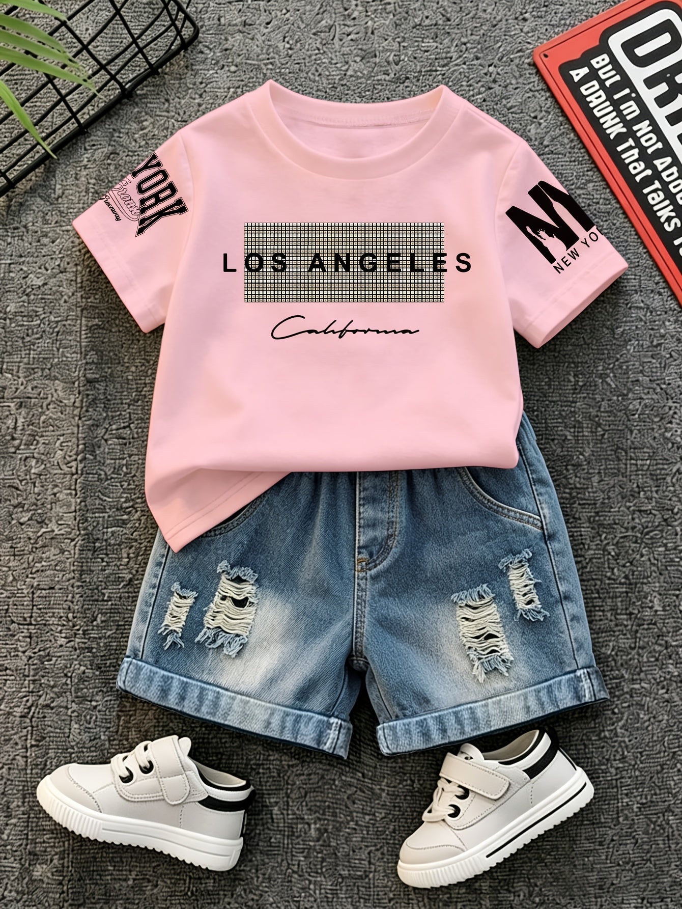Summer Boys Los Angeles Print T-Shirt & Distressed Shorts Set