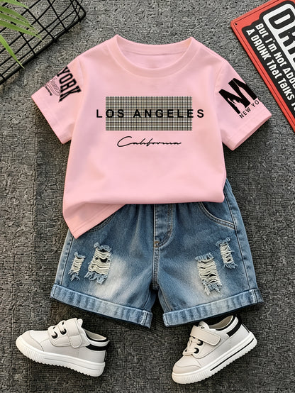 Summer Boys Los Angeles Print T-Shirt & Distressed Shorts Set