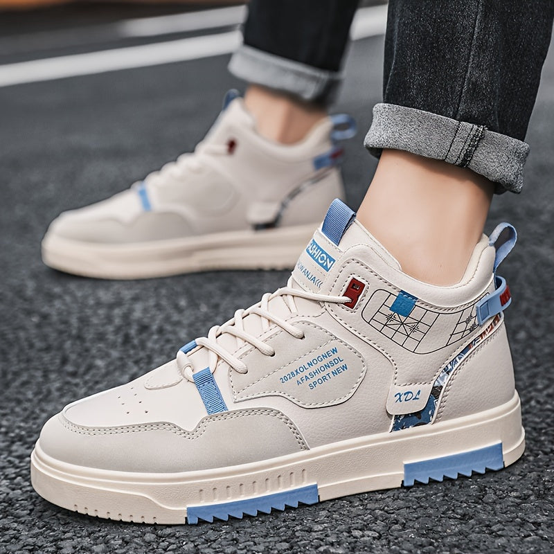 Men's Skate Shoes with Good Grip  Breathable Design - PU Upper, Cushioned PVC Sole, Black/Blue Letter Pattern Lace-Up Sneakers for All-Season Casual  Sports Wear, Allseason Shoes   Modern Casual Shoes   Comfortable Wear