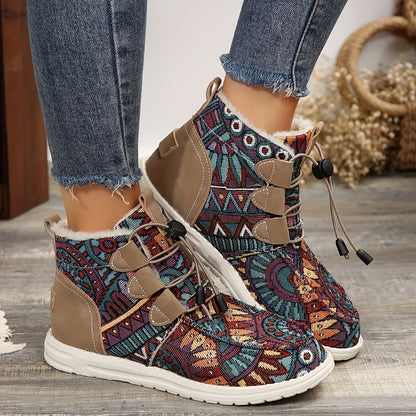 Women'S Cozy Winter Boots - Comfortable Slip-On Mid-Calf Riding Boots with Thick Sole, Round Toe, White & Black Lace-Up Design - Perfect for Cold Weather, Snow Boots, Winter Boots