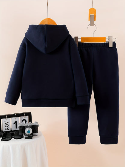 Autumn Winter Solid Color Fleece Hoodie Long Sleeve Letter Embossed Print Pockets Top Daily Versatile Sports Casual Warm Pants 2pcs Set, DONABEBE, for Outdoor