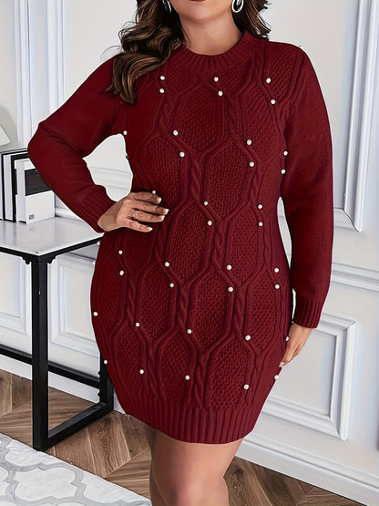 Plus Size, Plus Size Burgundy Pearl-Adorned Oversized Sweater Dress - Winter Warm Long Sleeve Round Neck A-Line, Christmas Party Wedding Guest Dress, Machine Washable Cozy -Like Tunic